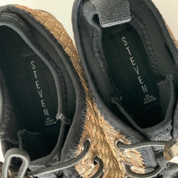 Steve Madden Wedge Sneaker - Gold Metallic Woven Weave - 8 - Picture 6 of 9